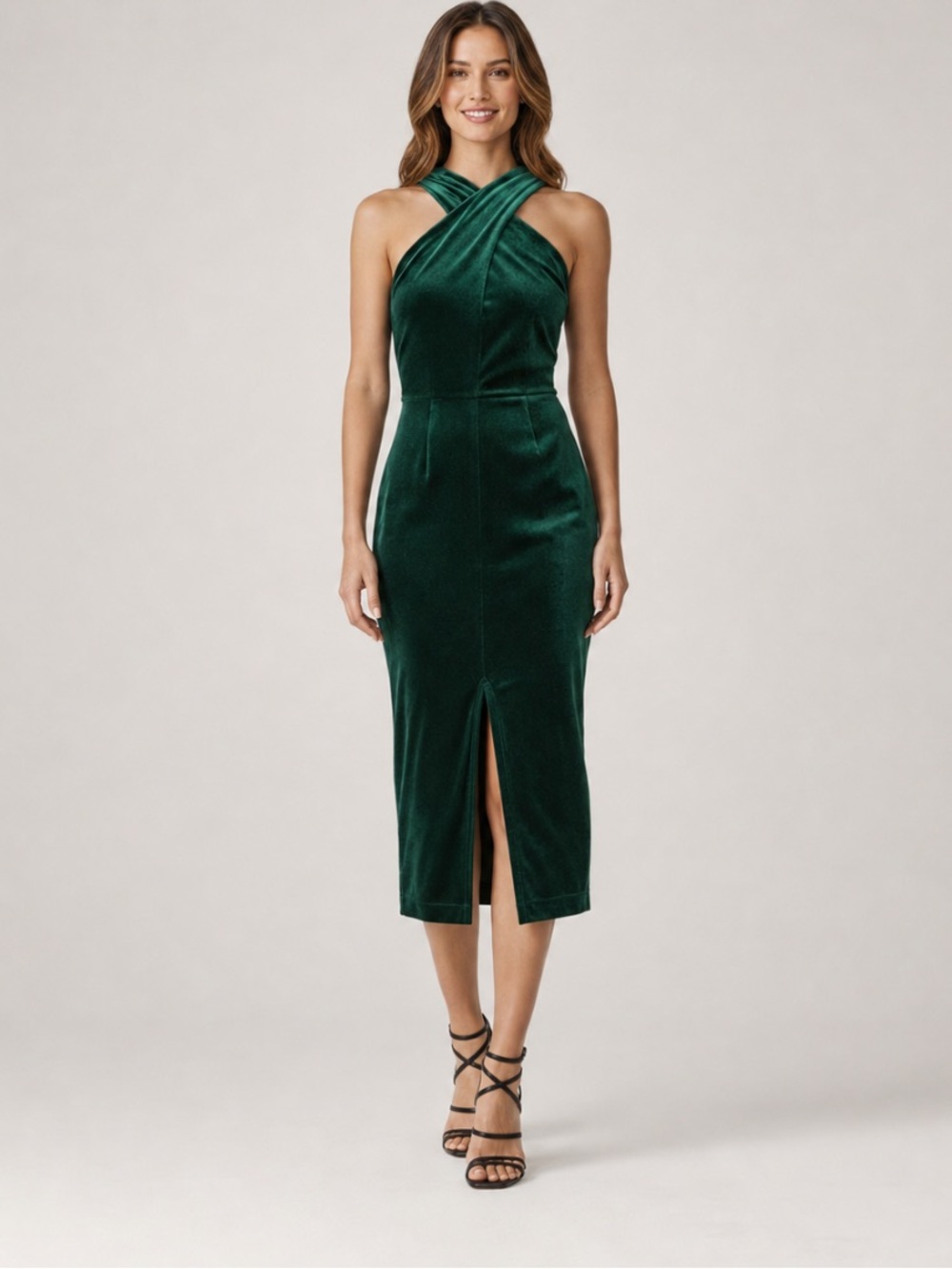 Michael Kors Dark Emerald Green Velvet Criss Cross Halter Dress Size XL NEW